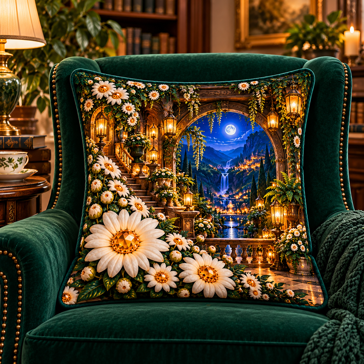 Daisy Moonwell Alcove Quilted Cushion Cover with printed optical 3D artwork in its use setting