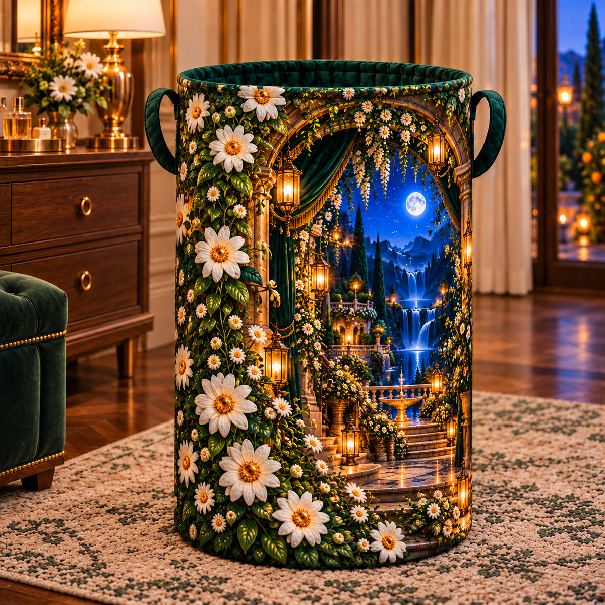 Daisy Moonwell Alcove Laundry Hamper with printed optical 3D artwork in its use setting