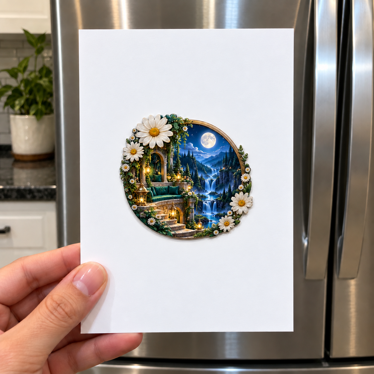 Daisy Moonwell Alcove Acrylic Refrigerator Magnet with printed optical 3D artwork in its use setting