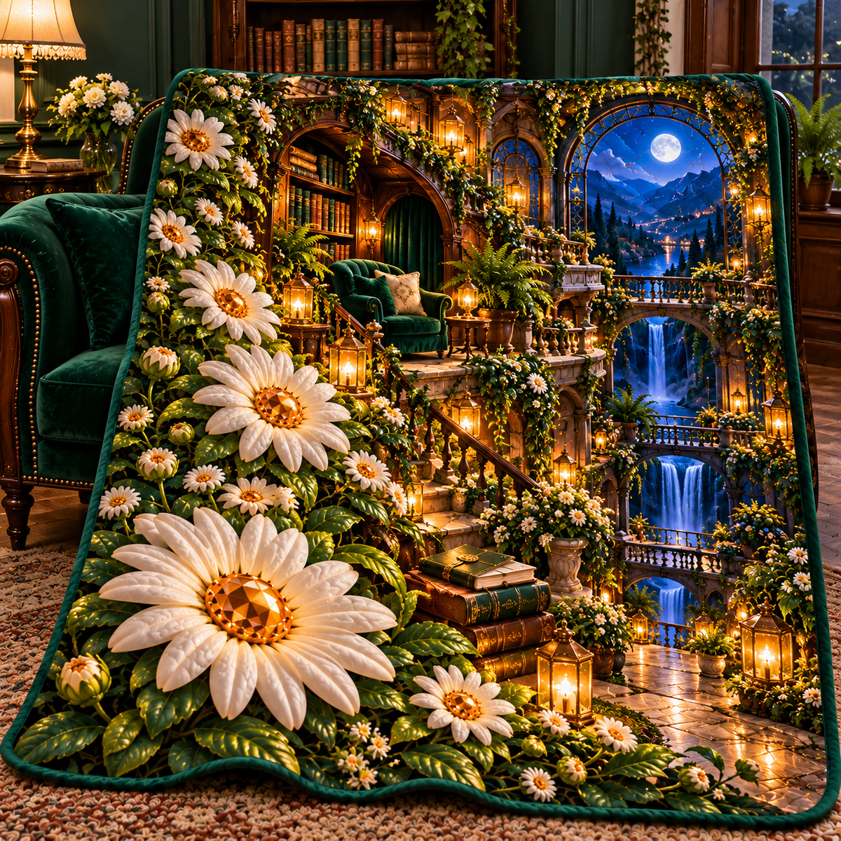 Daisy Moonwell Alcove Quilt Blanket with printed optical 3D artwork in its use setting