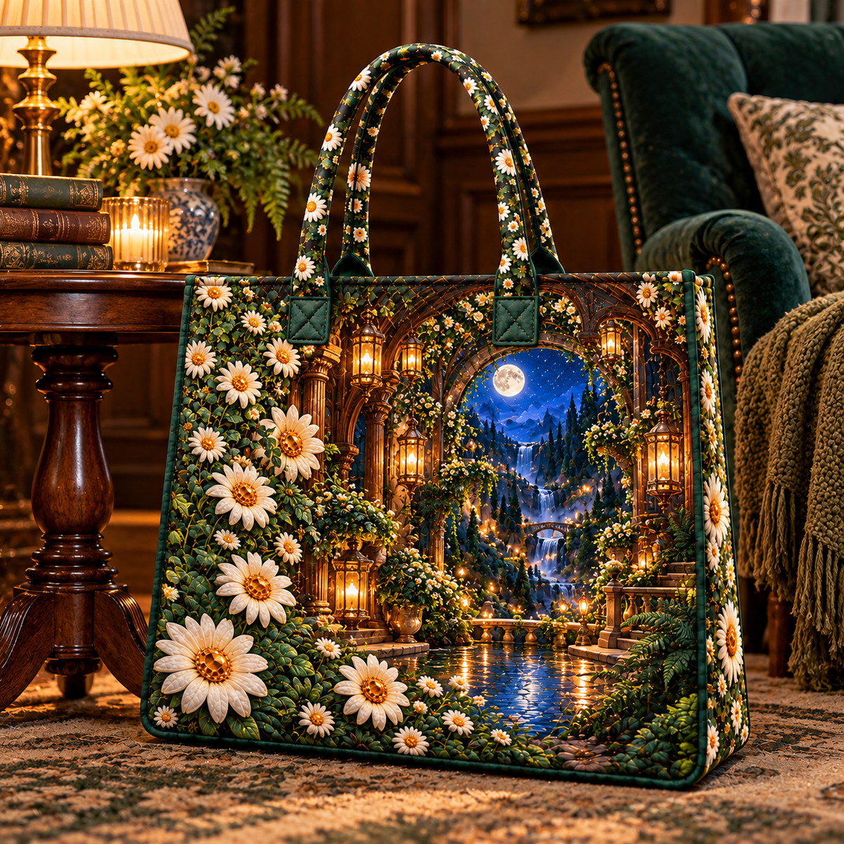 Daisy Moonwell Alcove Quilted Tote Bag with printed optical 3D artwork in its use setting