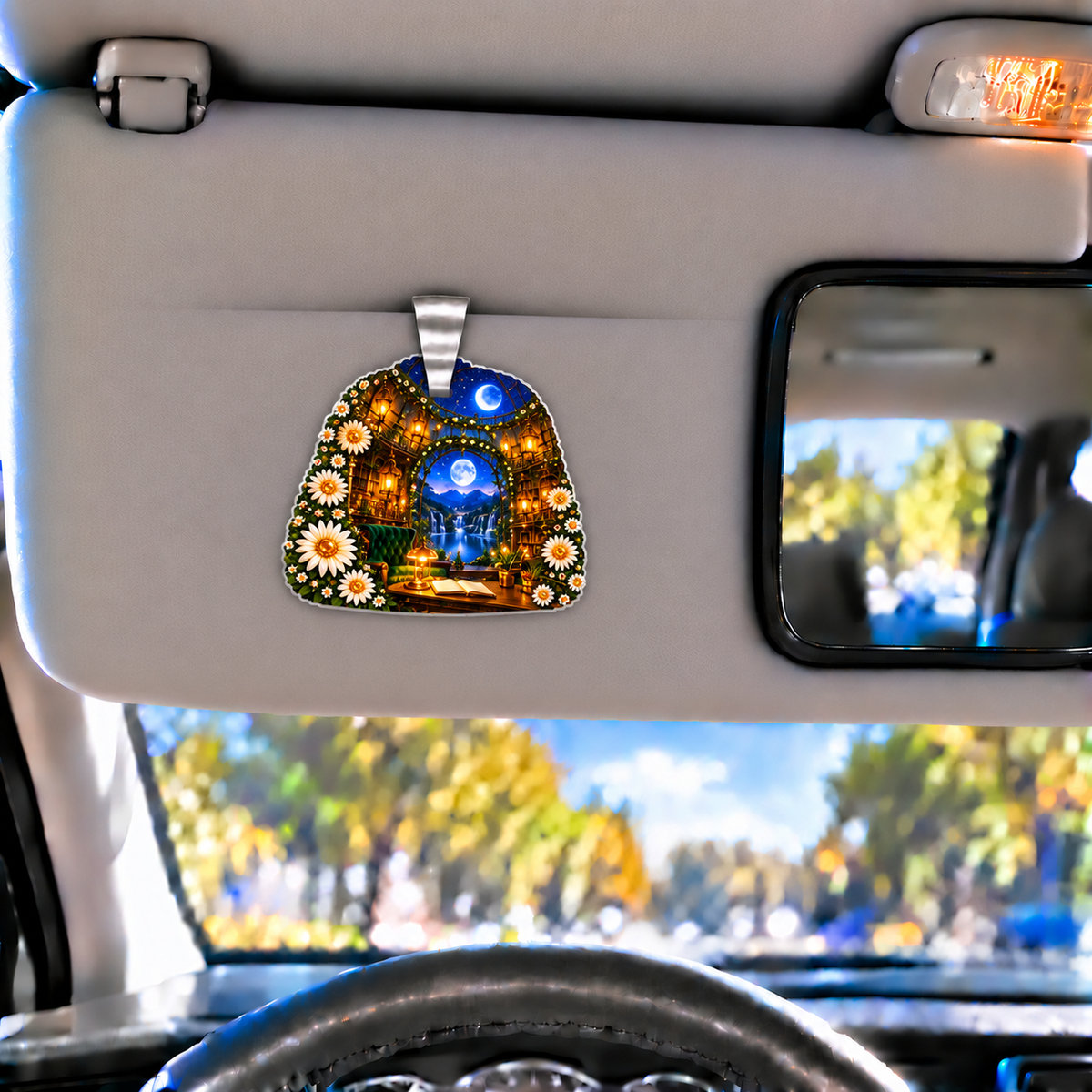 Daisy Moonwell Alcove Holographic Car Visor Clip with printed optical 3D artwork in its use setting