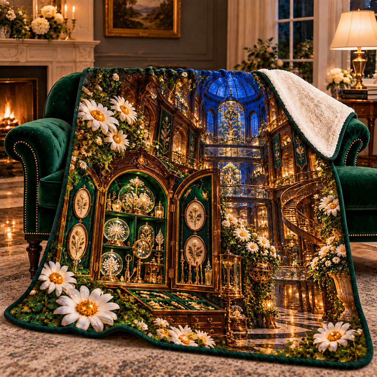 Daisy Curator Gallery Sherpa & Fleece Blanket with printed optical 3D artwork in its use setting