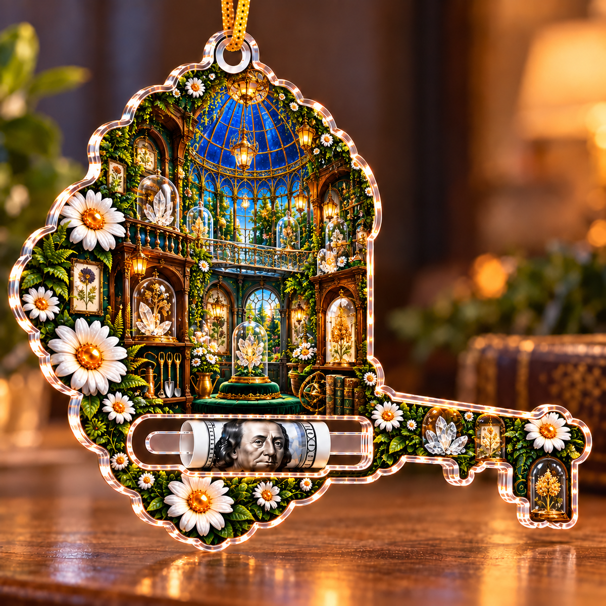 Daisy Curator Gallery Acrylic Cash Holder Ornament with printed optical 3D artwork in its use setting