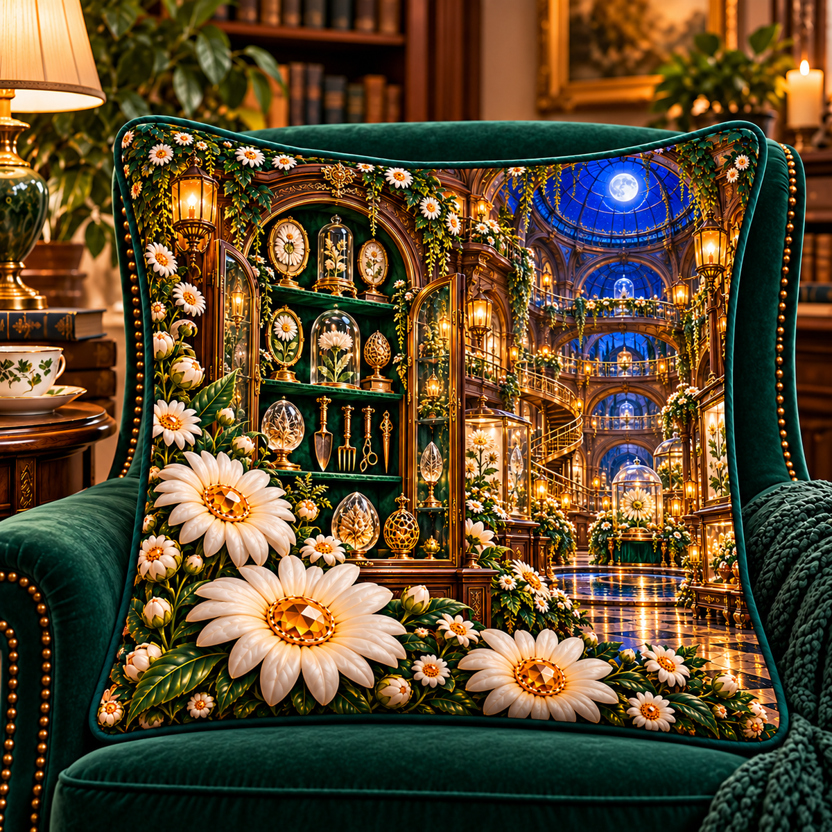 Daisy Curator Gallery Quilted Cushion Cover with printed optical 3D artwork in its use setting