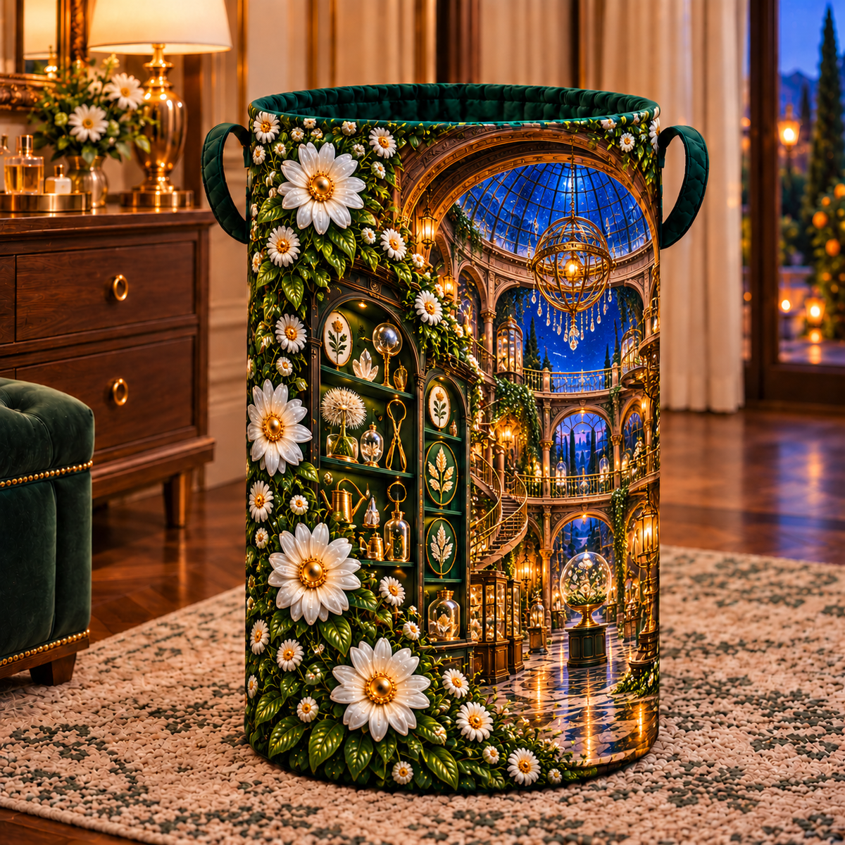 Daisy Curator Gallery Laundry Hamper with printed optical 3D artwork in its use setting