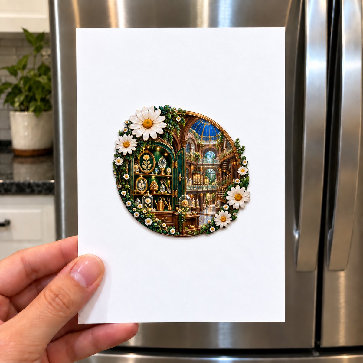 Daisy Curator Gallery Acrylic Refrigerator Magnet with printed optical 3D artwork in its use setting