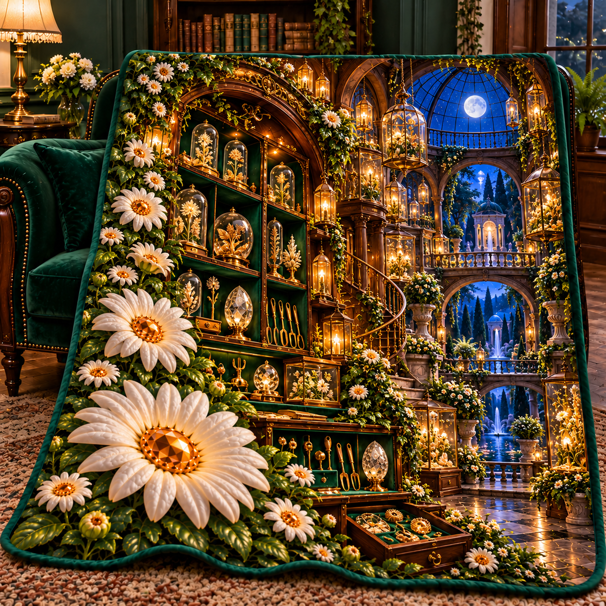 Daisy Curator Gallery Quilt Blanket with printed optical 3D artwork in its use setting