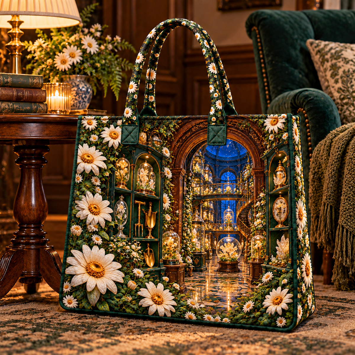 Daisy Curator Gallery Quilted Tote Bag with printed optical 3D artwork in its use setting