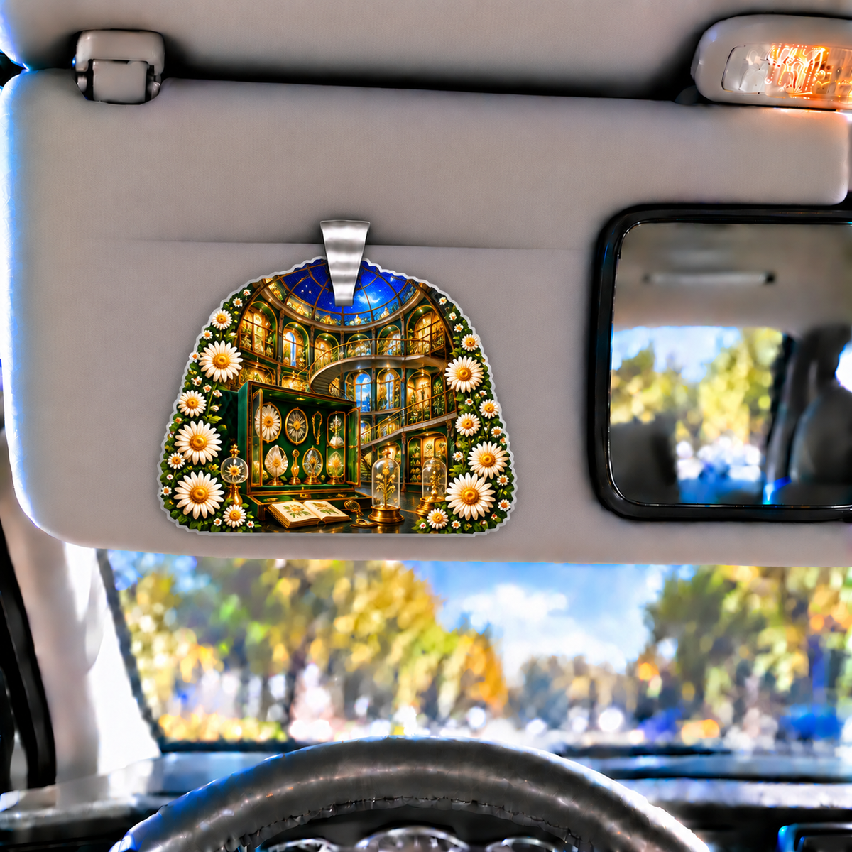 Daisy Curator Gallery Holographic Car Visor Clip with printed optical 3D artwork in its use setting