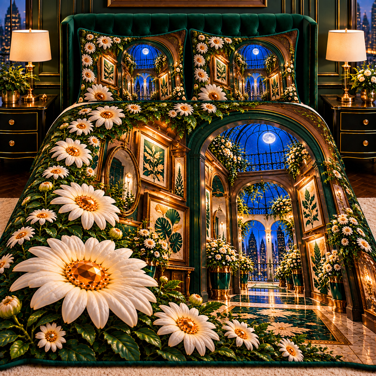 Daisy Salon Portal Quilted Bedding Set with printed optical 3D artwork in its use setting
