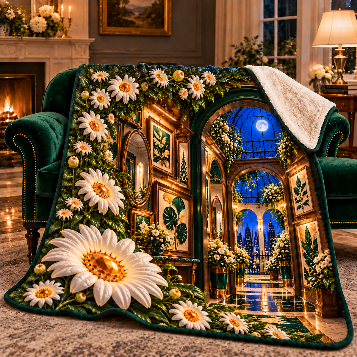 Daisy Salon Portal Sherpa & Fleece Blanket with printed optical 3D artwork in its use setting