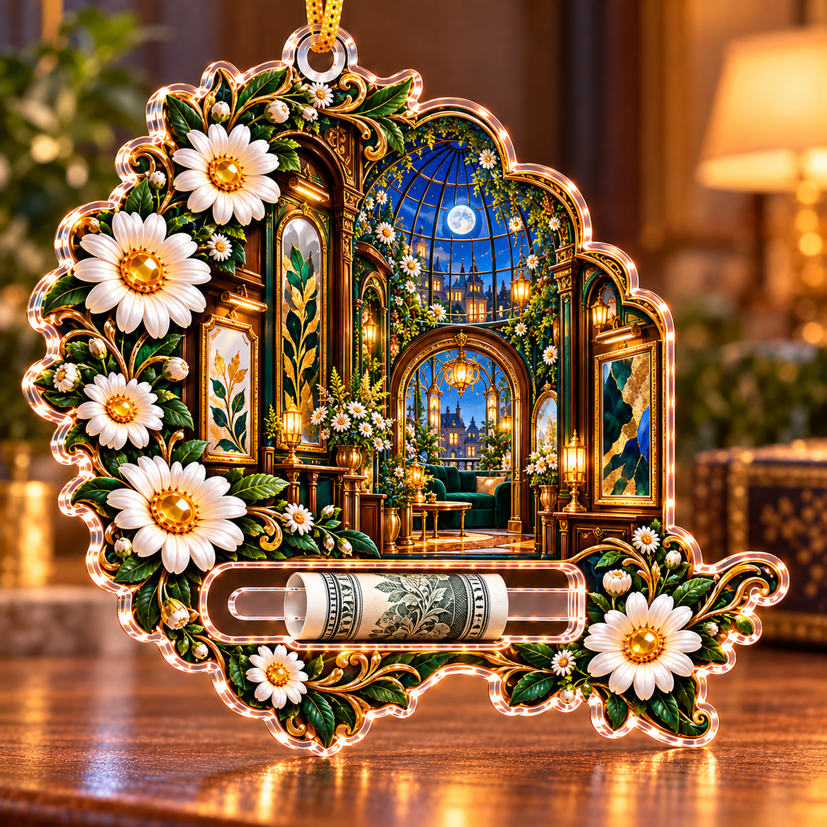 Daisy Salon Portal Acrylic Cash Holder Ornament with printed optical 3D artwork in its use setting