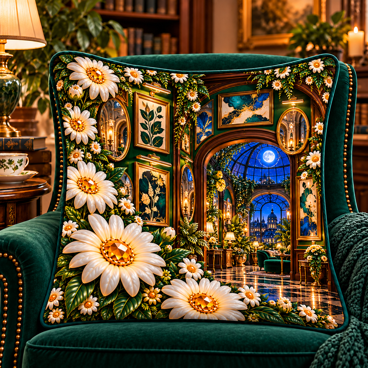 Daisy Salon Portal Quilted Cushion Cover with printed optical 3D artwork in its use setting
