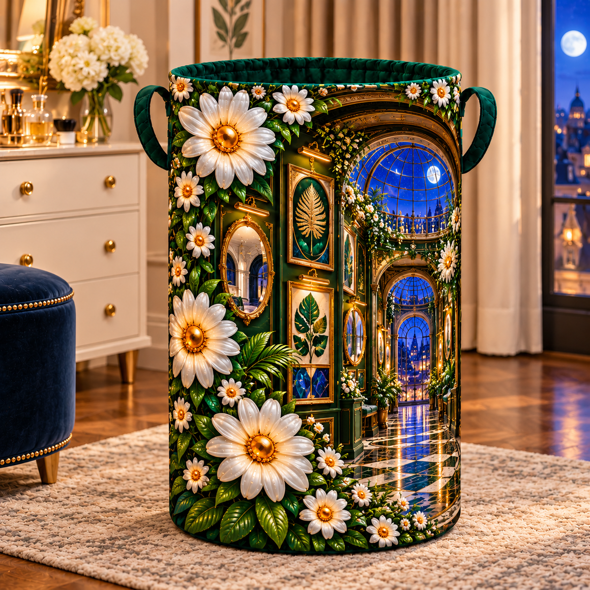 Daisy Salon Portal Laundry Hamper with printed optical 3D artwork in its use setting