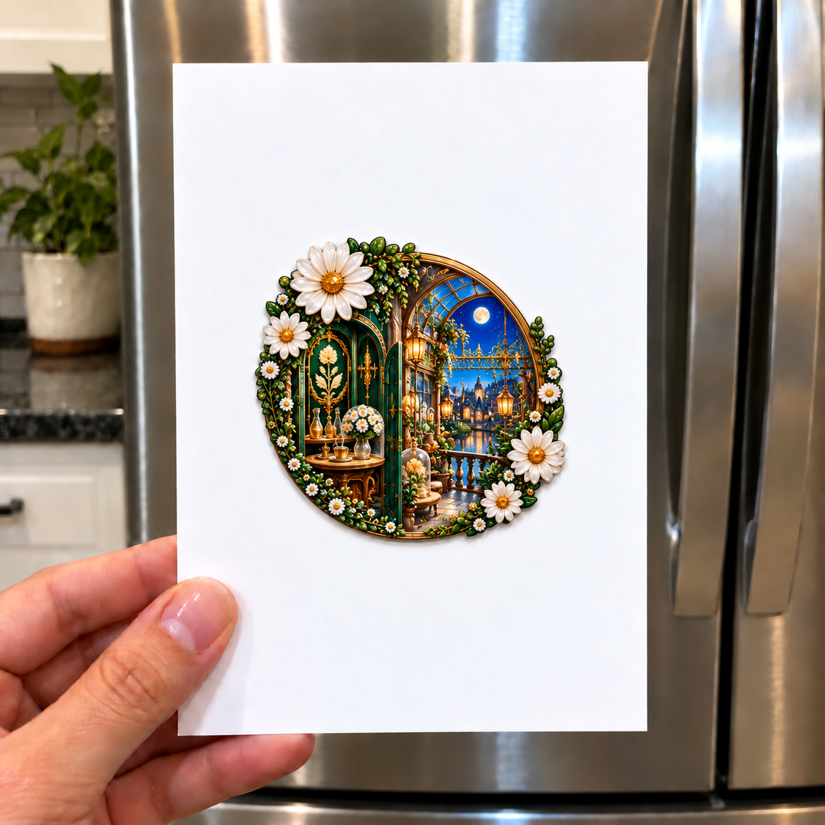 Daisy Salon Portal Acrylic Refrigerator Magnet with printed optical 3D artwork in its use setting