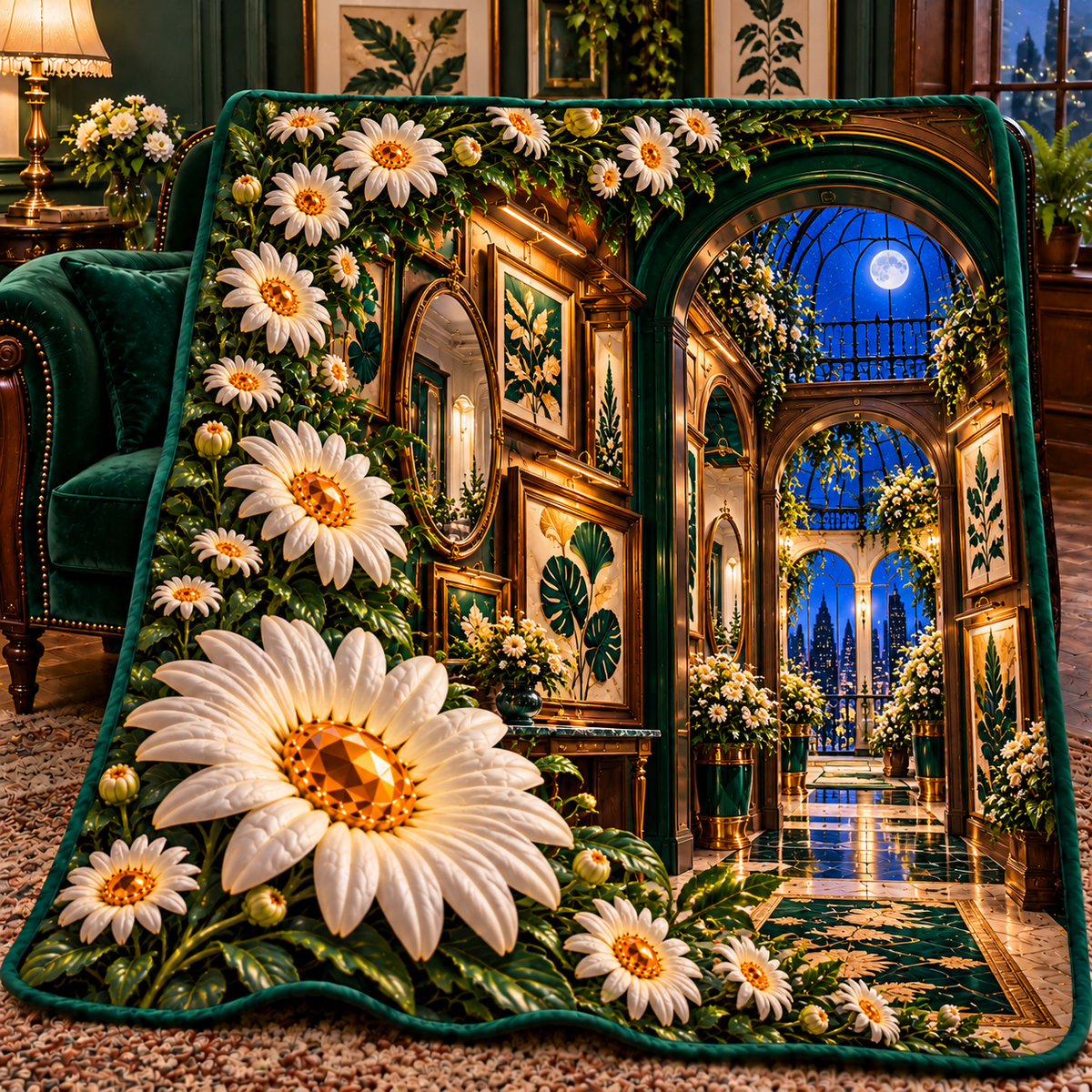 Daisy Salon Portal Quilt Blanket with printed optical 3D artwork in its use setting