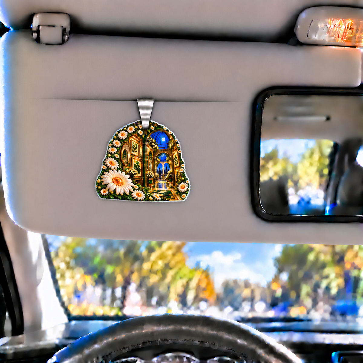 Daisy Salon Portal Holographic Car Visor Clip with printed optical 3D artwork in its use setting