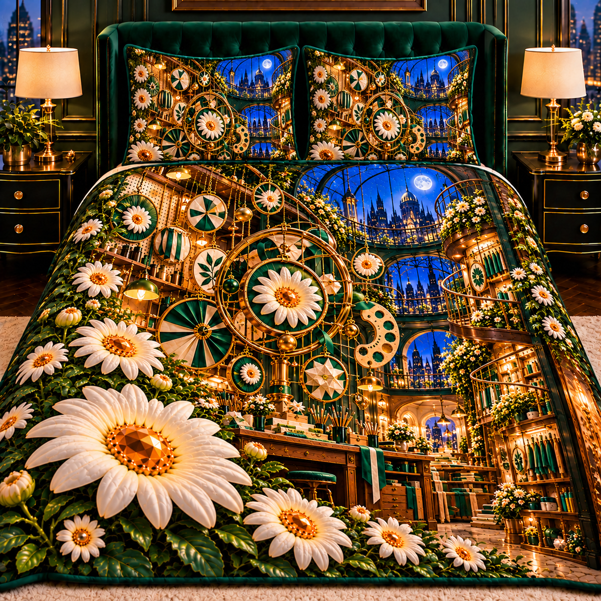 Daisy Atelier Orrery Quilted Bedding Set with printed optical 3D artwork in its use setting