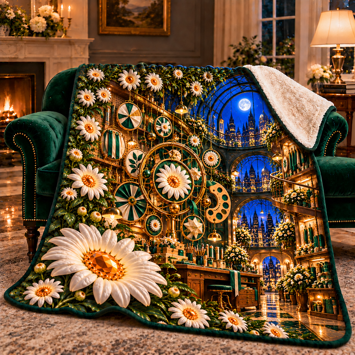 Daisy Atelier Orrery Sherpa & Fleece Blanket with printed optical 3D artwork in its use setting