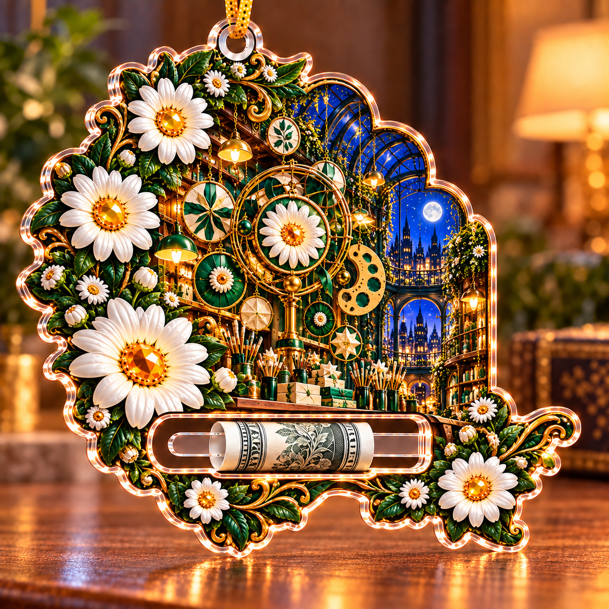 Daisy Atelier Orrery Acrylic Cash Holder Ornament with printed optical 3D artwork in its use setting