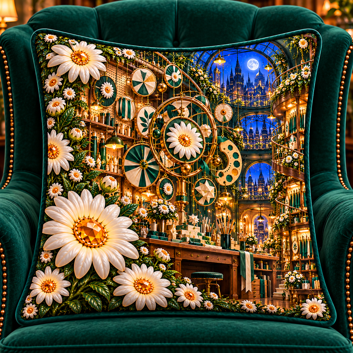 Daisy Atelier Orrery Quilted Cushion Cover with printed optical 3D artwork in its use setting