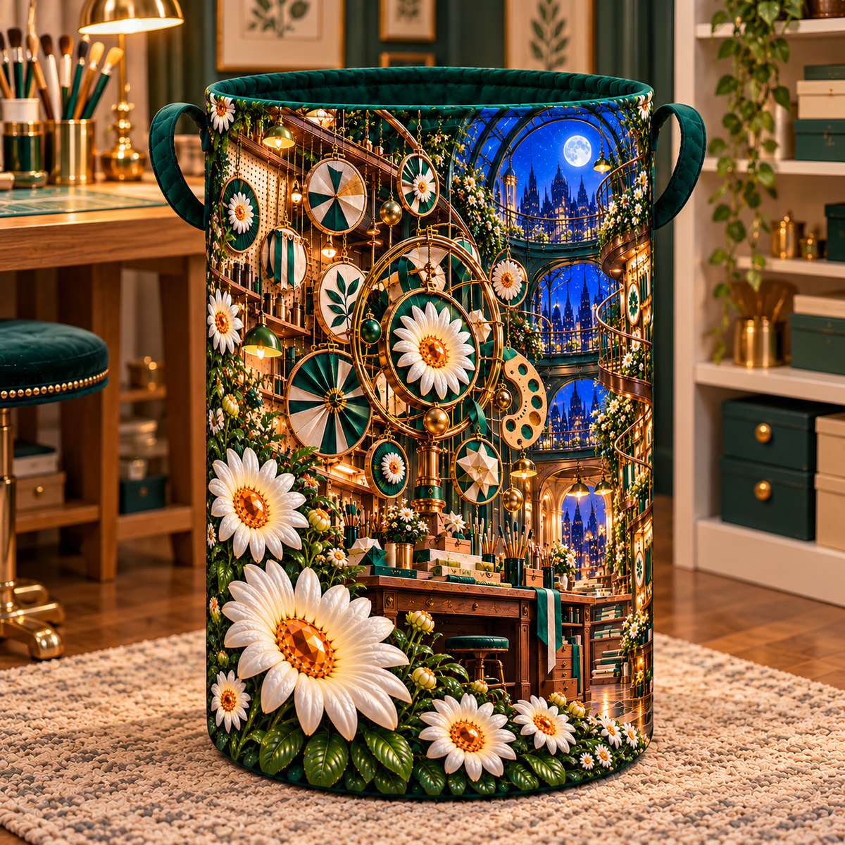 Daisy Atelier Orrery Laundry Hamper with printed optical 3D artwork in its use setting