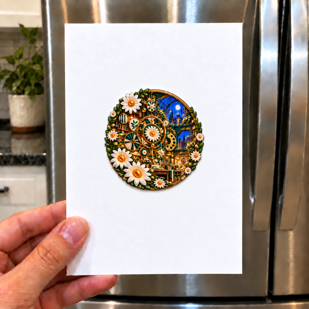 Daisy Atelier Orrery Acrylic Refrigerator Magnet with printed optical 3D artwork in its use setting