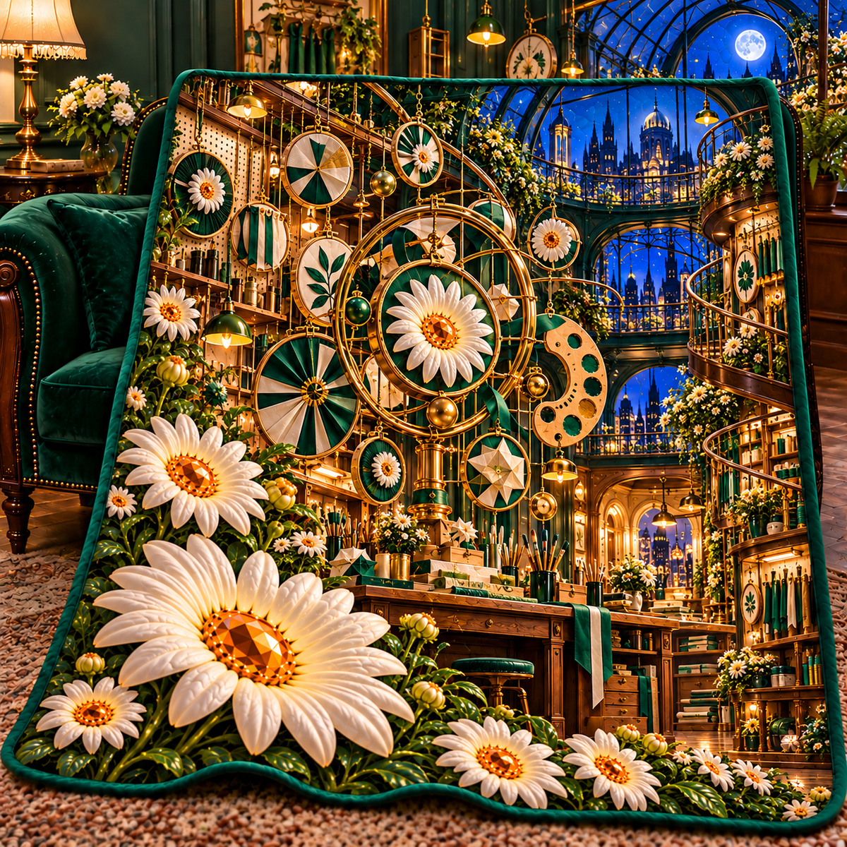Daisy Atelier Orrery Quilt Blanket with printed optical 3D artwork in its use setting