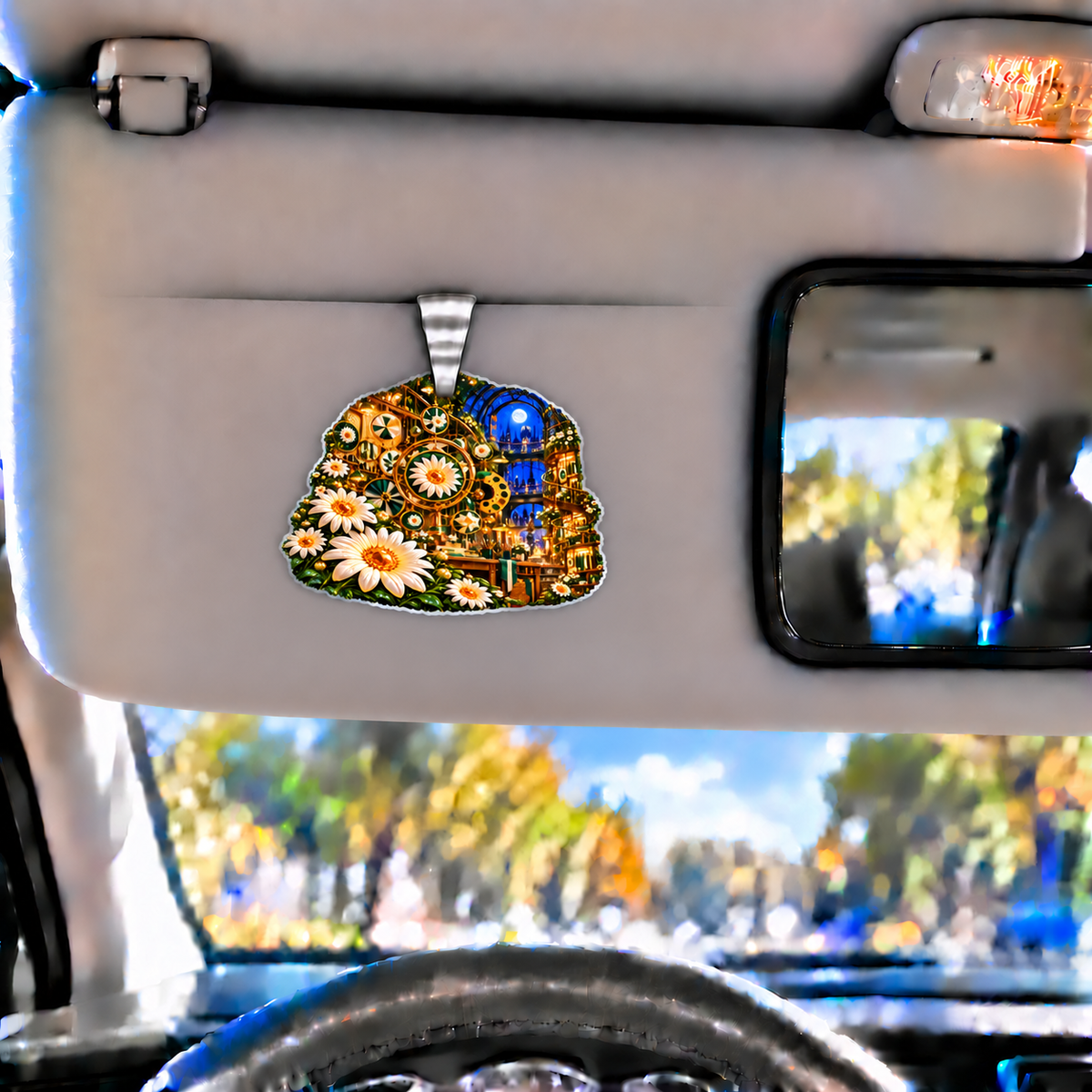 Daisy Atelier Orrery Holographic Car Visor Clip with printed optical 3D artwork in its use setting