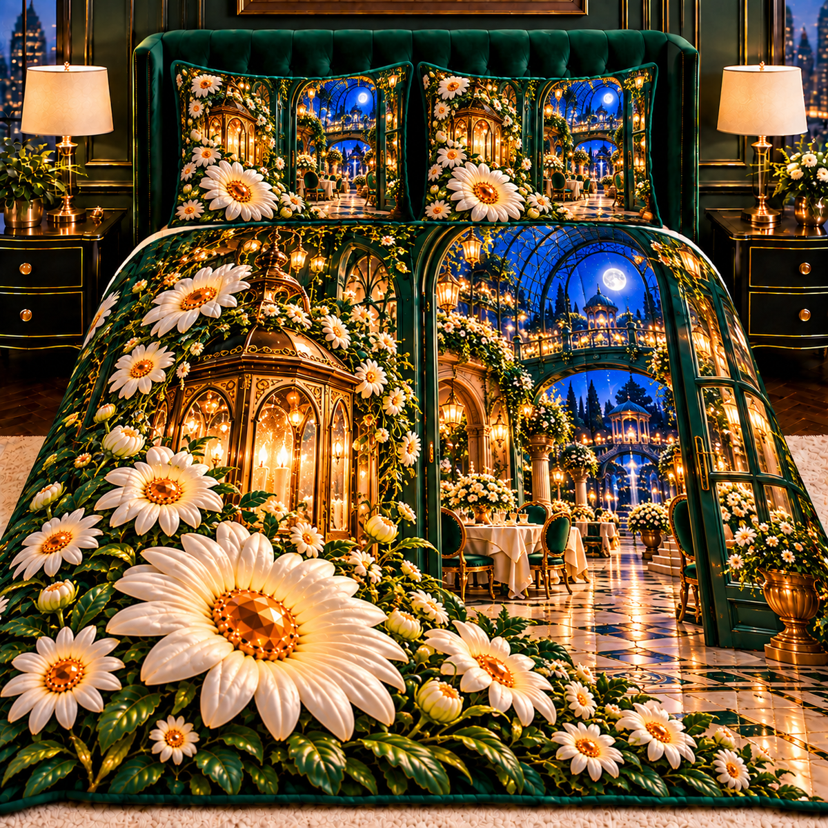 Daisy Welcome Lantern Quilted Bedding Set with printed optical 3D artwork in its use setting