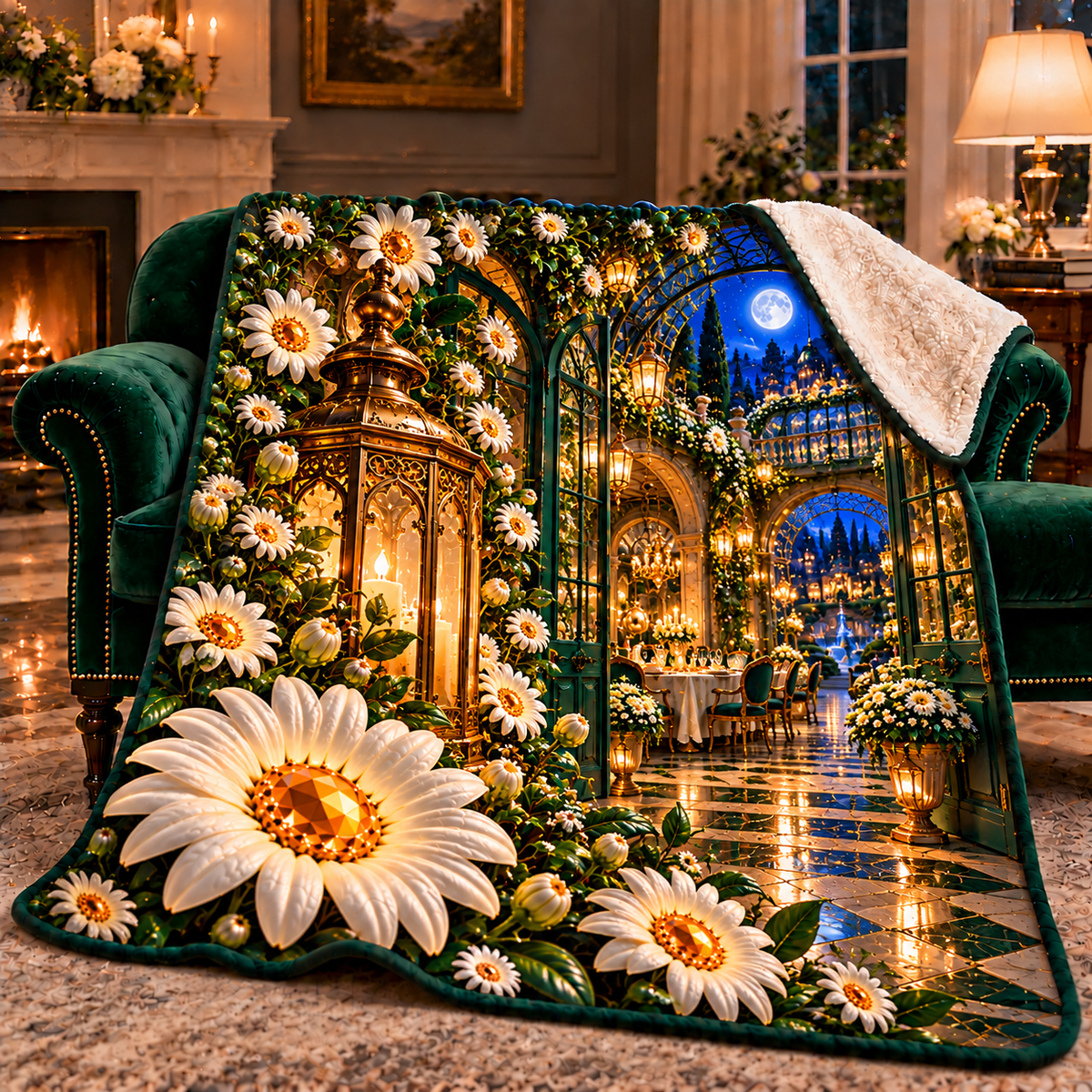 Daisy Welcome Lantern Sherpa & Fleece Blanket with printed optical 3D artwork in its use setting