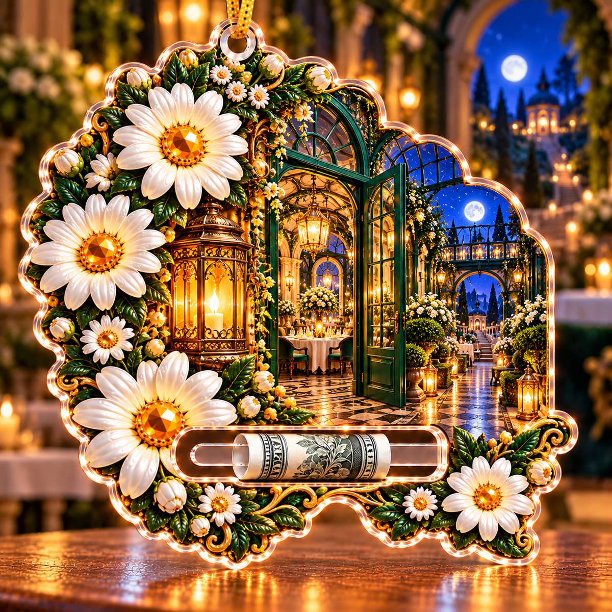 Daisy Welcome Lantern Acrylic Cash Holder Ornament with printed optical 3D artwork in its use setting