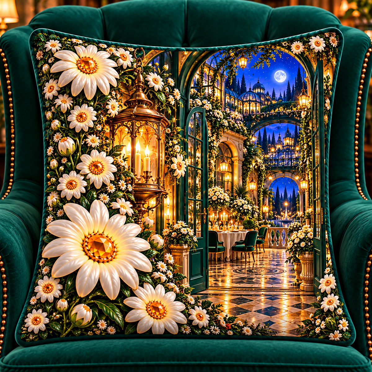 Daisy Welcome Lantern Quilted Cushion Cover with printed optical 3D artwork in its use setting