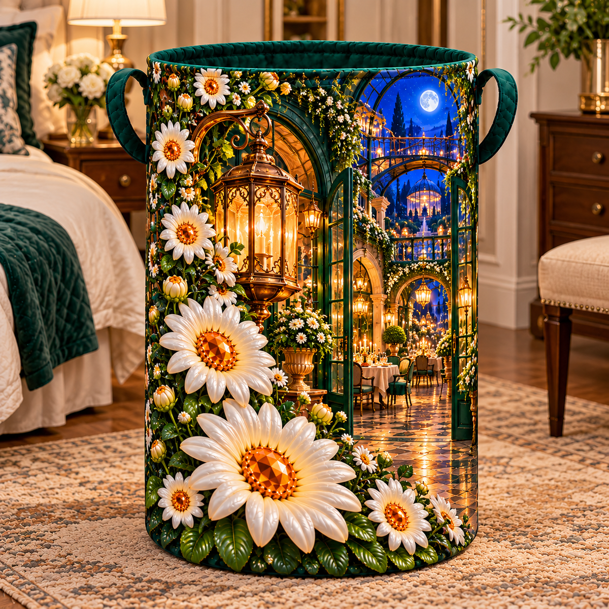 Daisy Welcome Lantern Laundry Hamper with printed optical 3D artwork in its use setting
