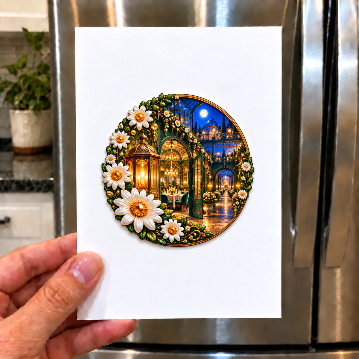 Daisy Welcome Lantern Acrylic Refrigerator Magnet with printed optical 3D artwork in its use setting