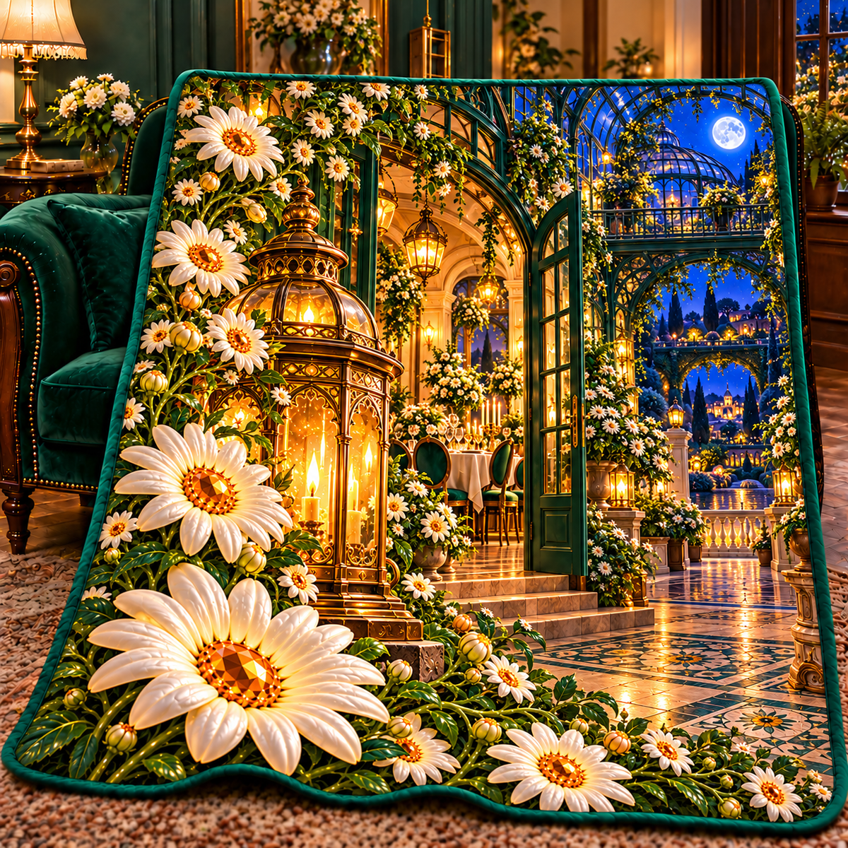 Daisy Welcome Lantern Quilt Blanket with printed optical 3D artwork in its use setting