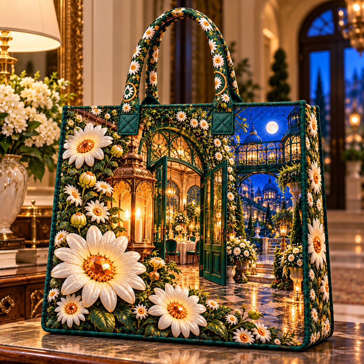 Daisy Welcome Lantern Quilted Tote Bag with printed optical 3D artwork in its use setting