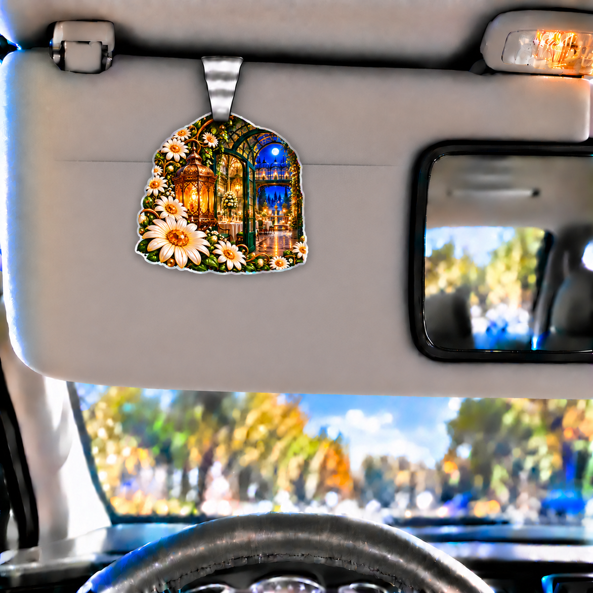Daisy Welcome Lantern Holographic Car Visor Clip with printed optical 3D artwork in its use setting