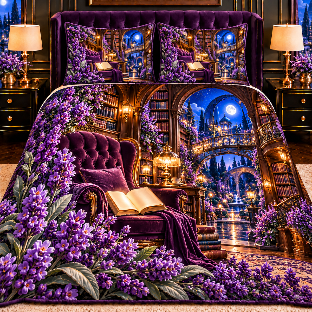 Lavender Moon Library Quilted Bedding Set with printed optical 3D artwork in its use setting