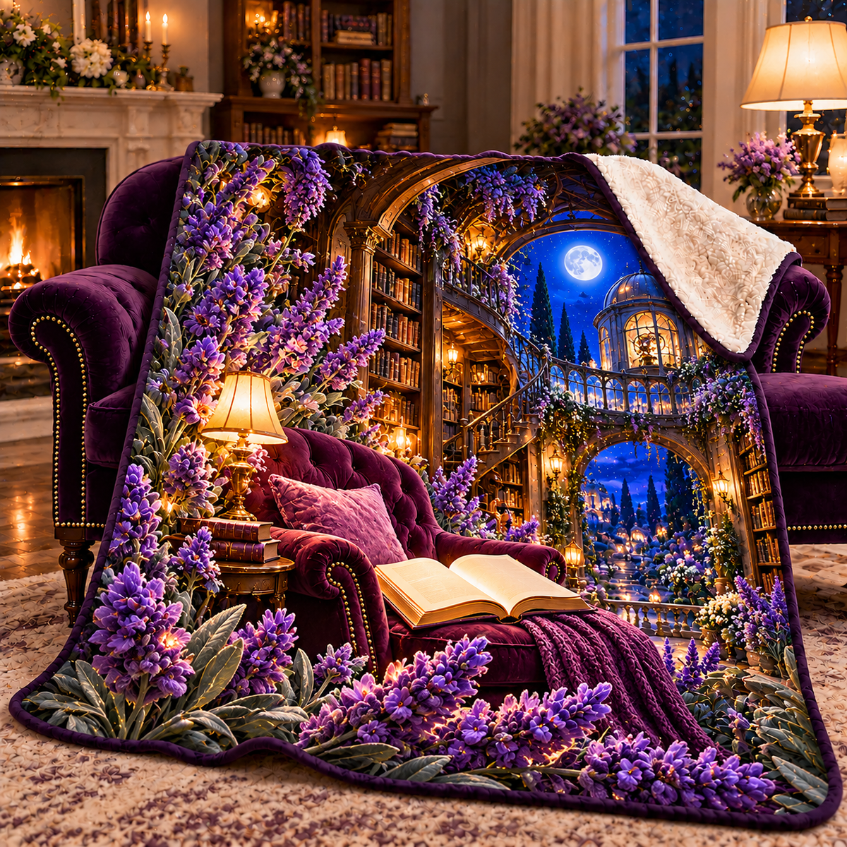 Lavender Moon Library Sherpa & Fleece Blanket with printed optical 3D artwork in its use setting