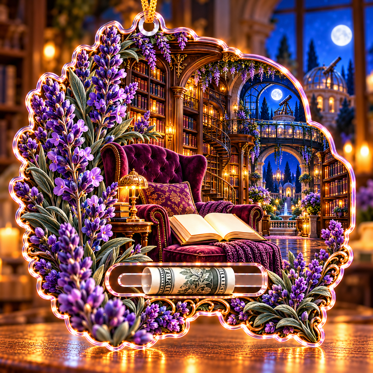 Lavender Moon Library Acrylic Cash Holder Ornament with printed optical 3D artwork in its use setting
