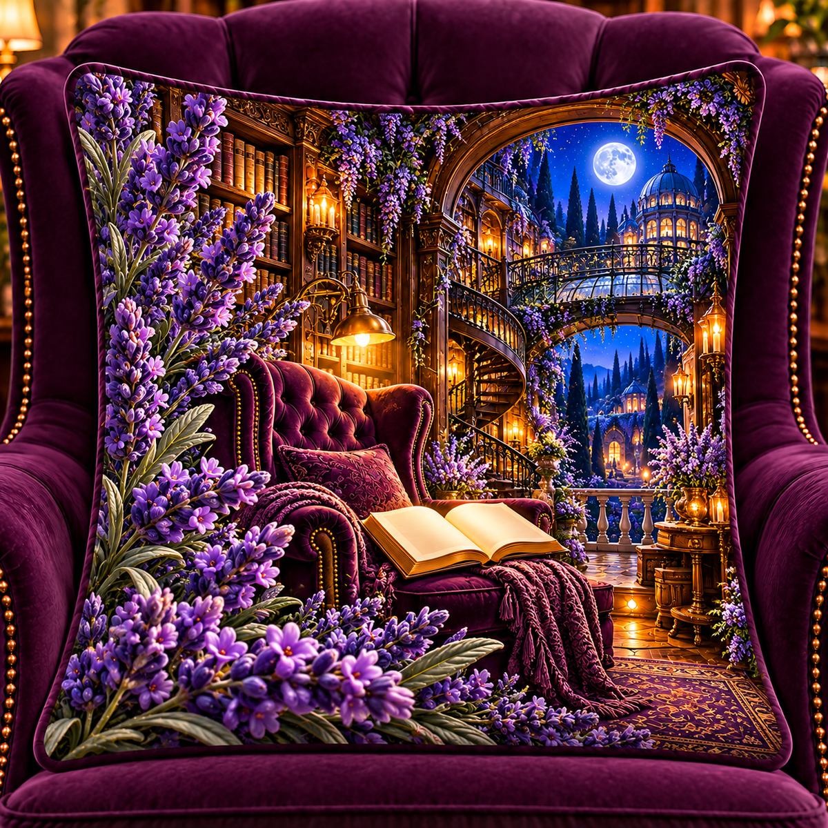 Lavender Moon Library Quilted Cushion Cover with printed optical 3D artwork in its use setting