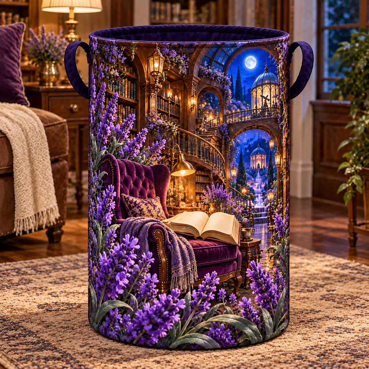 Lavender Moon Library Laundry Hamper with printed optical 3D artwork in its use setting