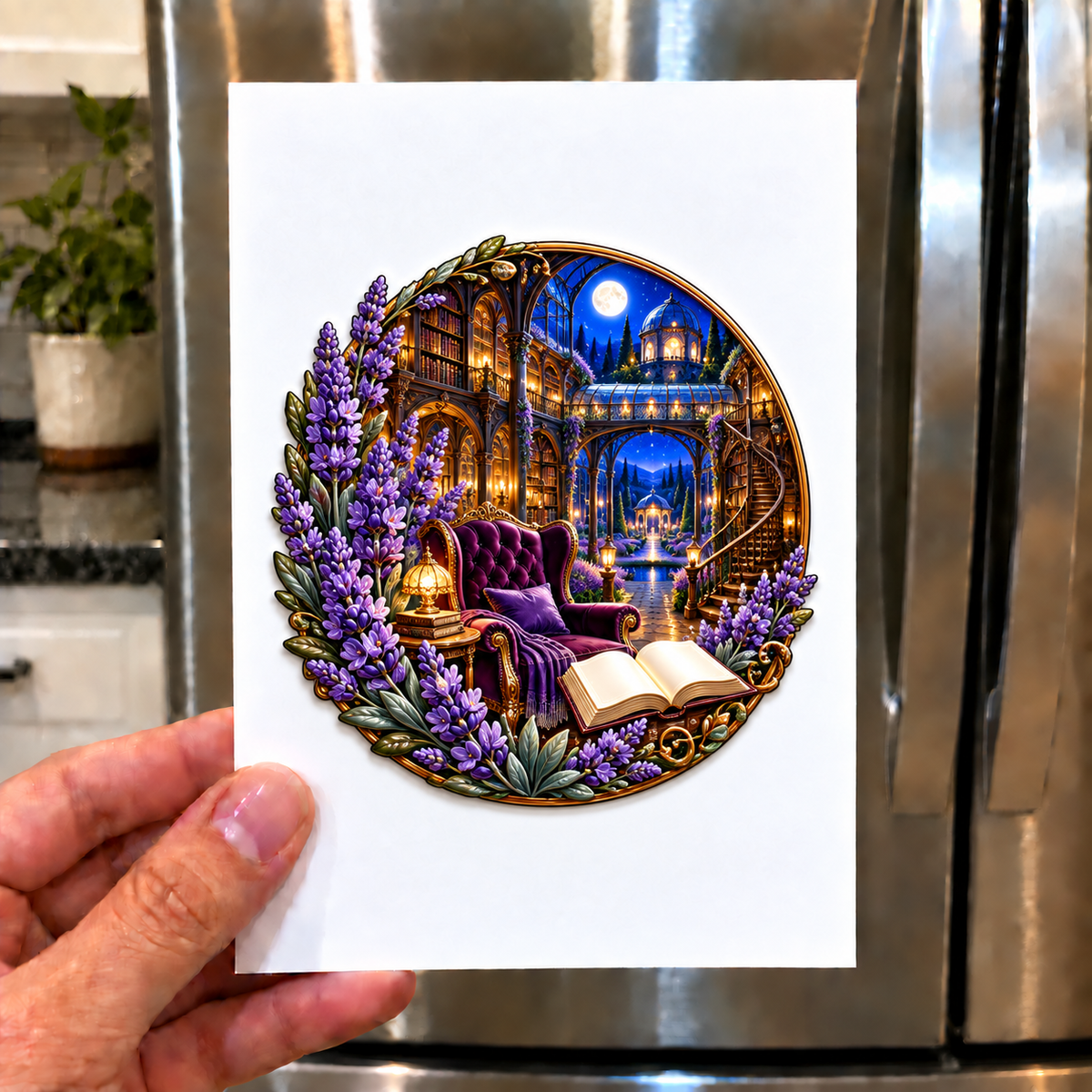 Lavender Moon Library Acrylic Refrigerator Magnet with printed optical 3D artwork in its use setting
