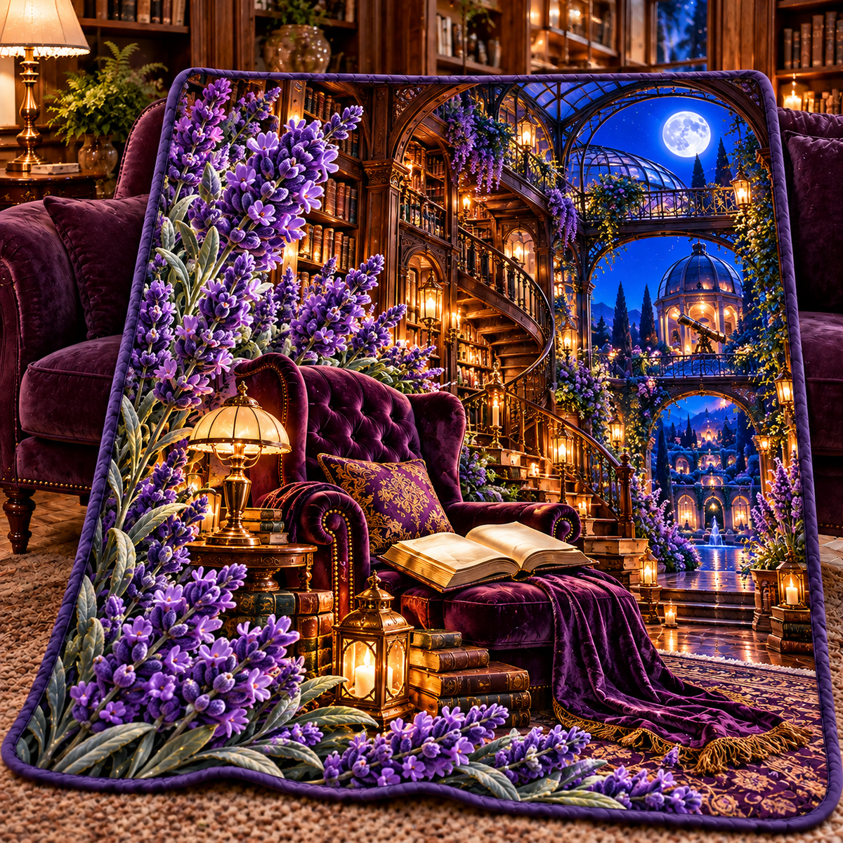 Lavender Moon Library Quilt Blanket with printed optical 3D artwork in its use setting