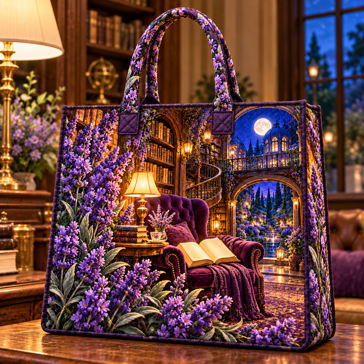 Lavender Moon Library Quilted Tote Bag with printed optical 3D artwork in its use setting