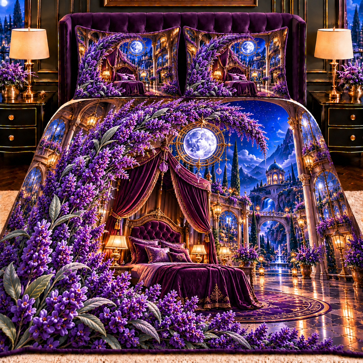 Lavender Celestial Canopy Quilted Bedding Set with printed optical 3D artwork in its use setting