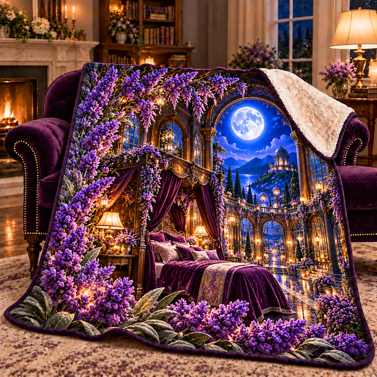 Lavender Celestial Canopy Sherpa & Fleece Blanket with printed optical 3D artwork in its use setting