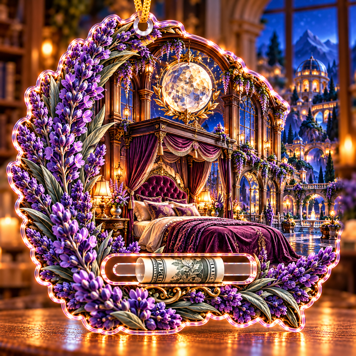 Lavender Celestial Canopy Acrylic Cash Holder Ornament with printed optical 3D artwork in its use setting